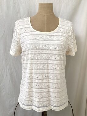 Covington Top Shirt-Cream/Ivory Floral Lace Overlay-Lined-Short Sleeve-EUC-L